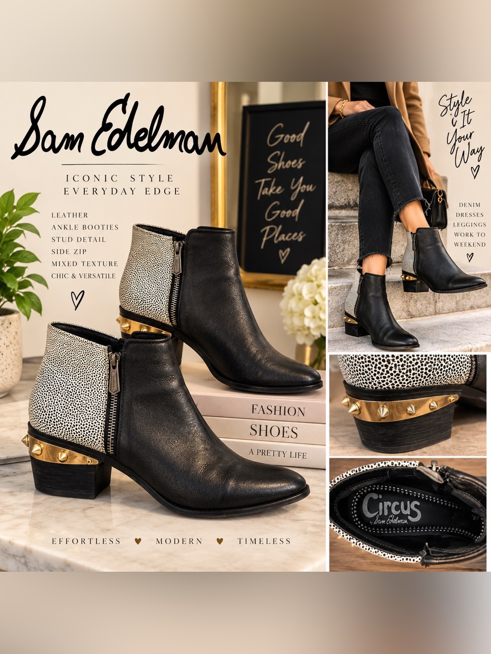 Sam Edelman Black Leather Ankle Boots with White Speckled Heel & Gold Studs